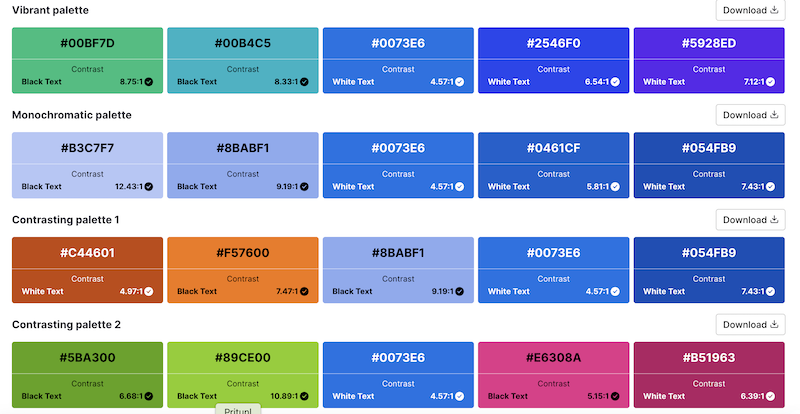 A selection of color palettes displayed in rows, showing vibrant, monochromatic, and contrasting palettes. Each palette includes a hex code, contrast ratio, and text color recommendation (black or white) with a checkmark for passing accessibility standards.